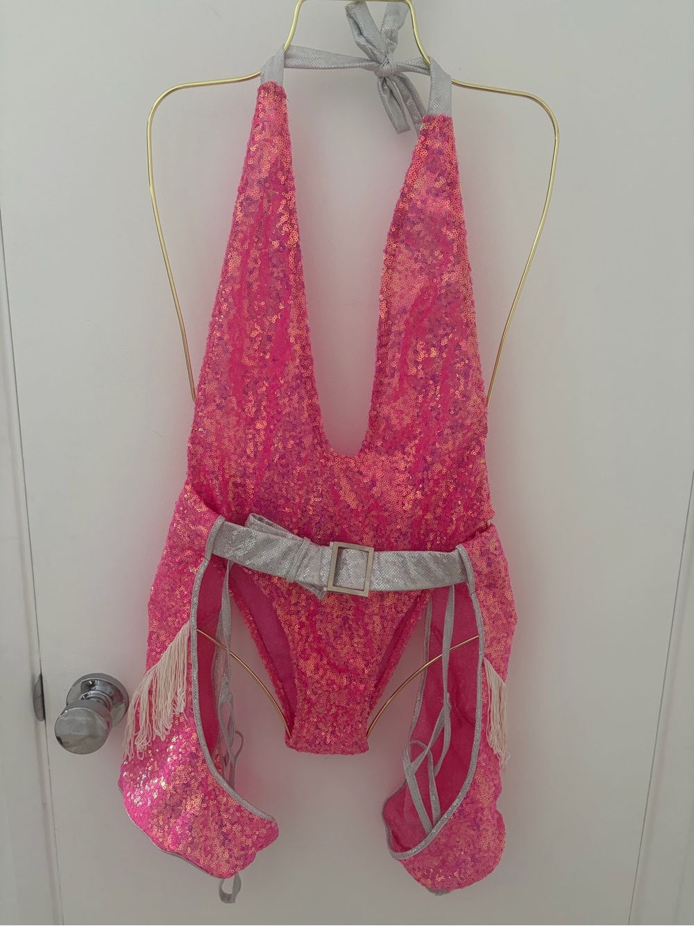 Pink Sequin Halter One-Piece with Holographic Belt & Chaps